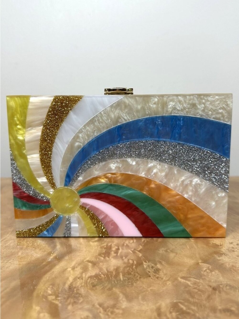 Rainbow Acrylic Box Clutch Multicolor Glitter Swirl Evening Bag Gold Chain